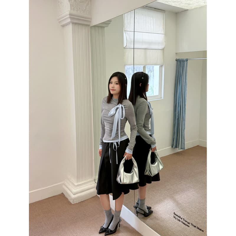 蝴蝶结上衣+百褶高腰半身裙套装